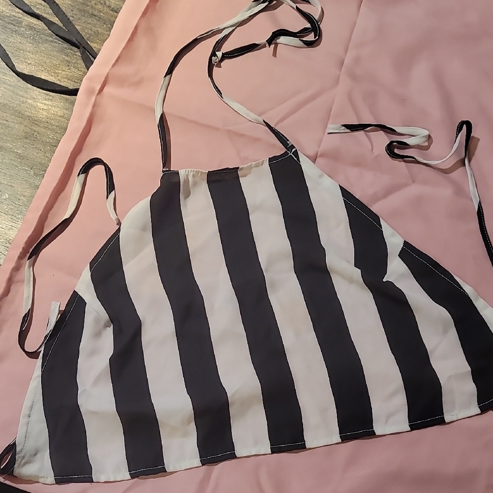 Y2K VIintage Tie Back Sheer Black and White Striped Halter Top
